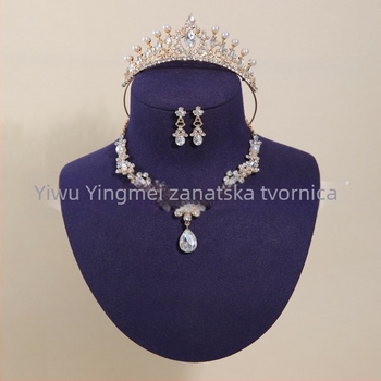 Vjenčani set nakita: tiara za kosu, naušnice i ogrlica s imitacijskim perlama i rhinestones, palatni stil, umjetnički vintage