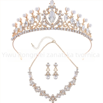Vjenčani set nakita: tiara za kosu, naušnice i ogrlica s imitacijskim perlama i rhinestones, palatni stil, umjetnički vintage