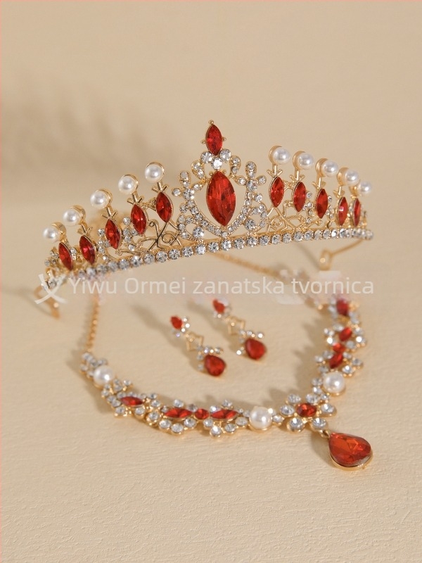 Vjenčani set nakita: tiara za kosu, naušnice i ogrlica s imitacijskim perlama i rhinestones, palatni stil, umjetnički vintage
