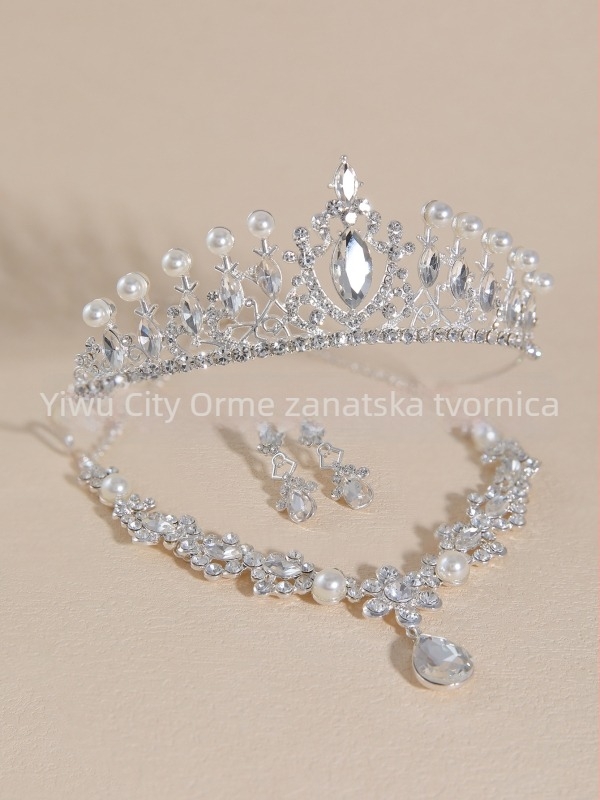 Vjenčani set nakita: tiara za kosu, naušnice i ogrlica s imitacijskim perlama i rhinestones, palatni stil, umjetnički vintage