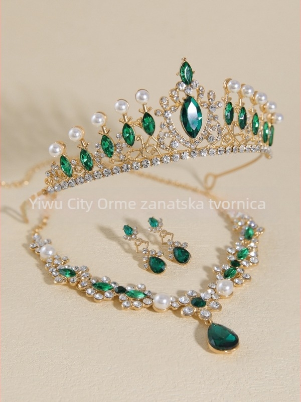 Vjenčani set nakita: tiara za kosu, naušnice i ogrlica s imitacijskim perlama i rhinestones, palatni stil, umjetnički vintage