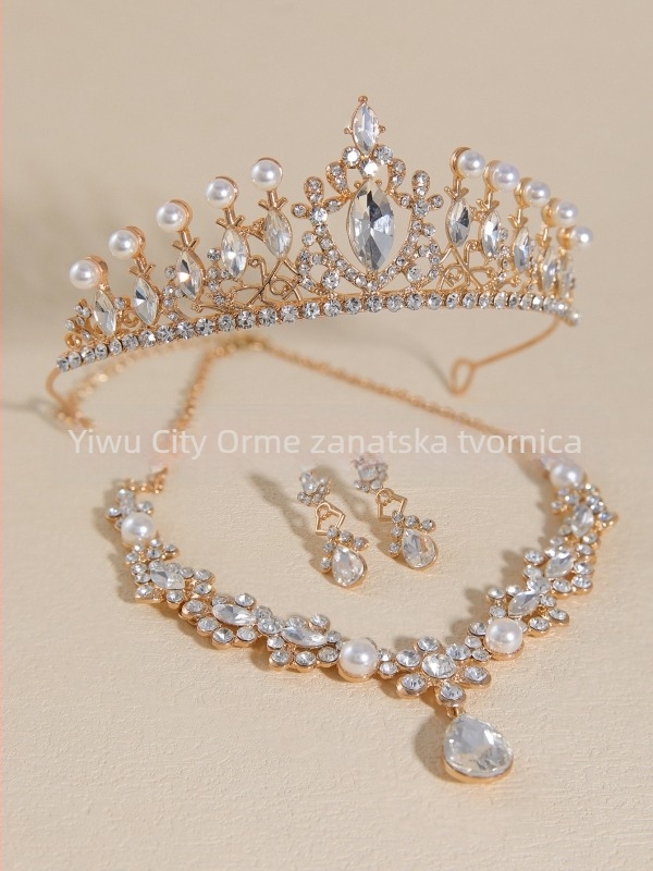 Vjenčani set nakita: tiara za kosu, naušnice i ogrlica s imitacijskim perlama i rhinestones, palatni stil, umjetnički vintage