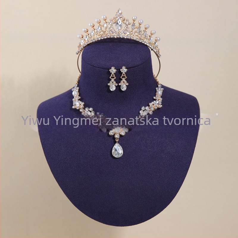 Vjenčani set nakita: tiara za kosu, naušnice i ogrlica s imitacijskim perlama i rhinestones, palatni stil, umjetnički vintage