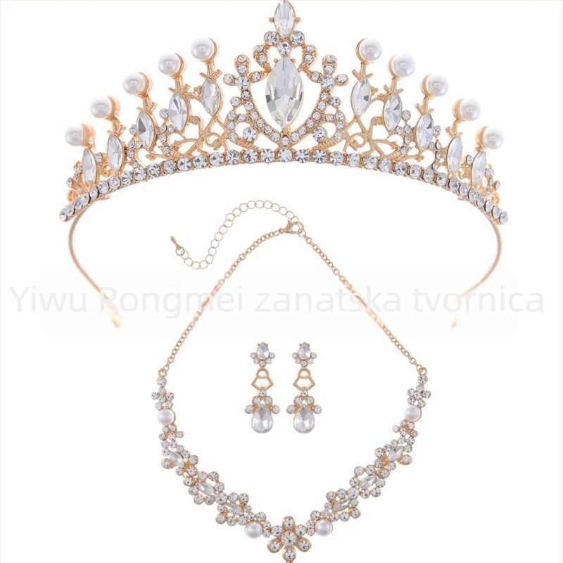 Vjenčani set nakita: tiara za kosu, naušnice i ogrlica s imitacijskim perlama i rhinestones, palatni stil, umjetnički vintage