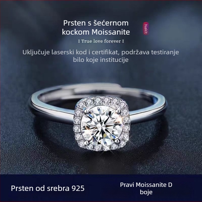 Prsten od srebra 925 s Moissanitom, geometrijski kvadratni oblik, otvoren dizajn, lagani luksuz