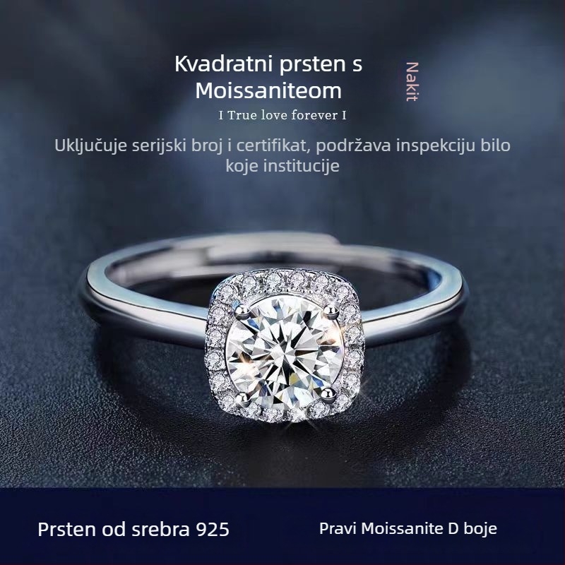 Prsten od srebra 925 s Moissanitom, geometrijski kvadratni oblik, otvoren dizajn, lagani luksuz