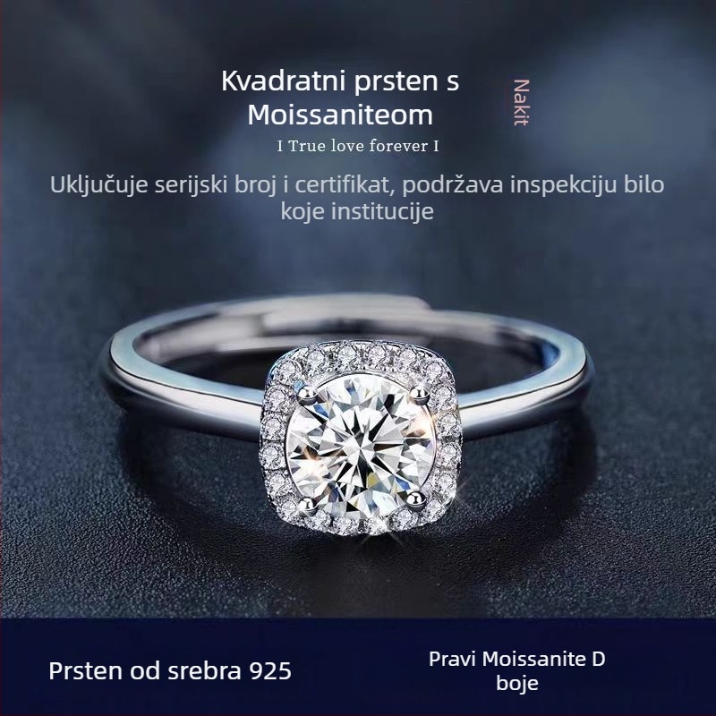 Prsten od srebra 925 s Moissanitom, geometrijski kvadratni oblik, otvoren dizajn, lagani luksuz