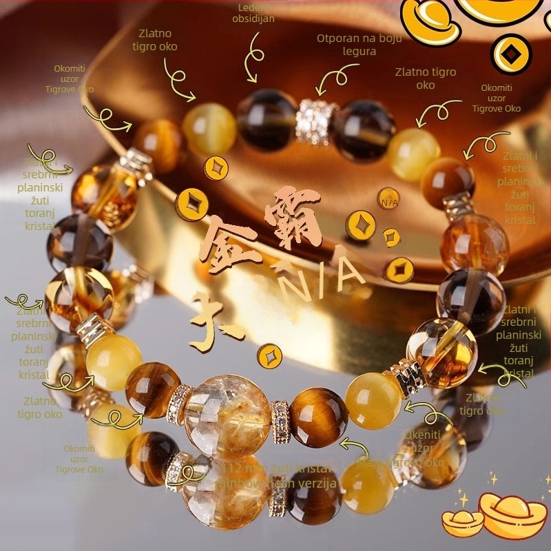 Kristalna narukvica s citrinom i tigrovim okom, geometrijski oblik, unisex, nacionalni stil