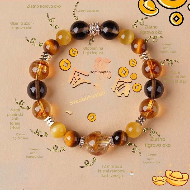 Kristalna narukvica s citrinom i tigrovim okom, geometrijski oblik, unisex, nacionalni stil