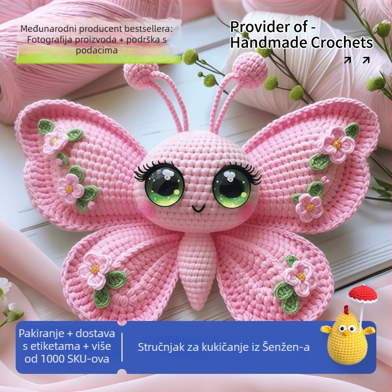 Set za kukičanje za početnike s motívom breskvinog cvijeta i leptira (materijal: vuna; tehnika: ručno kukičanje; uzorci: životinjski)