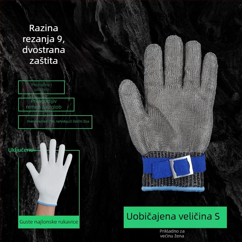 Rukavice otporne na ubod i rezanje, razina 9, pet prstiju od nehrđajućeg čelika, otporne na nože