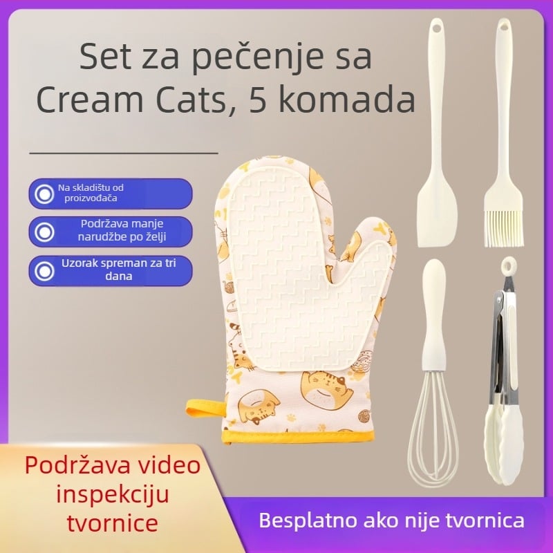 Rukavice za pećnicu od pamuka i silikona, crtani mačić, 5-dijelni set, prilagodljive