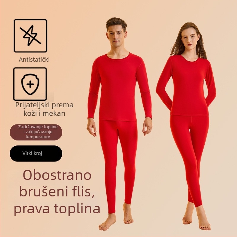 Godina konja: crveni flisani termalni set za muškarce i žene, debeli gornji dio i hlače