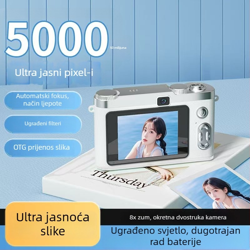 CCD digitalna kamera s prednjom i stražnjom dvostrukom lećom, početna razina, kampus retro dizajn, 40–50MP, 8x optični zum, 2,4 inča LCD, TF kartica, elektronička stabilizacija slike