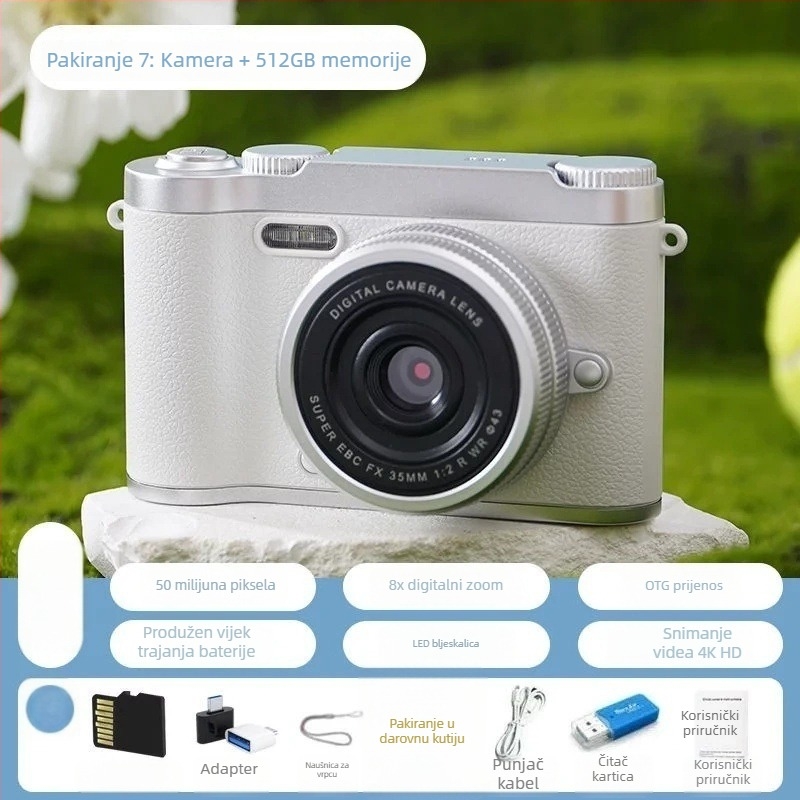 CCD digitalna kamera s prednjom i stražnjom dvostrukom lećom, početna razina, kampus retro dizajn, 40–50MP, 8x optični zum, 2,4 inča LCD, TF kartica, elektronička stabilizacija slike