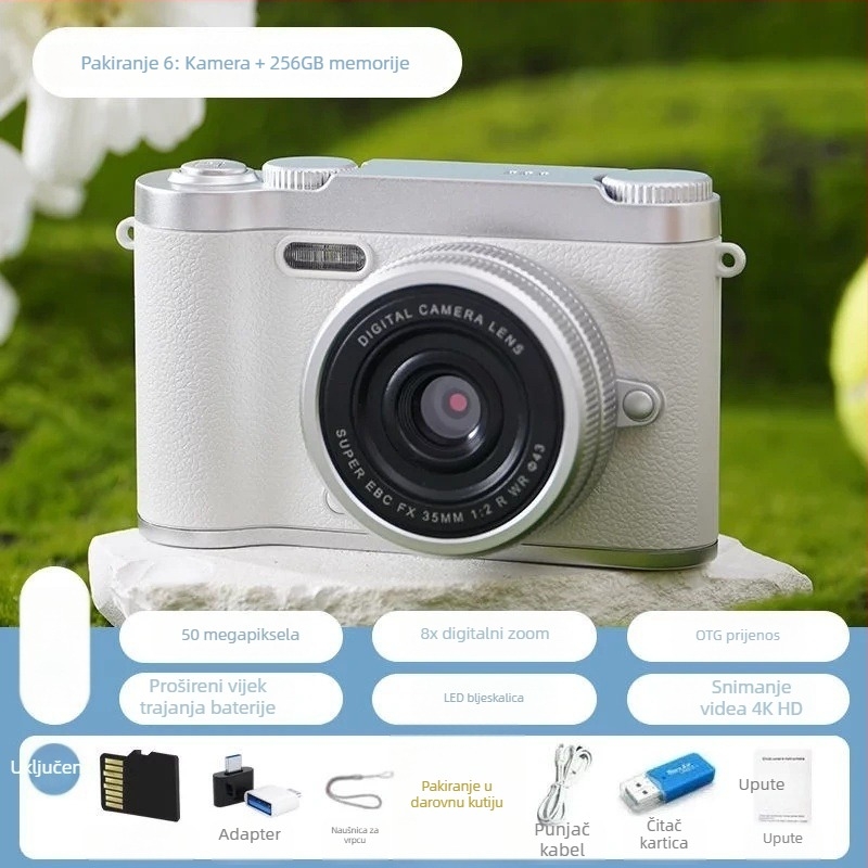 CCD digitalna kamera s prednjom i stražnjom dvostrukom lećom, početna razina, kampus retro dizajn, 40–50MP, 8x optični zum, 2,4 inča LCD, TF kartica, elektronička stabilizacija slike