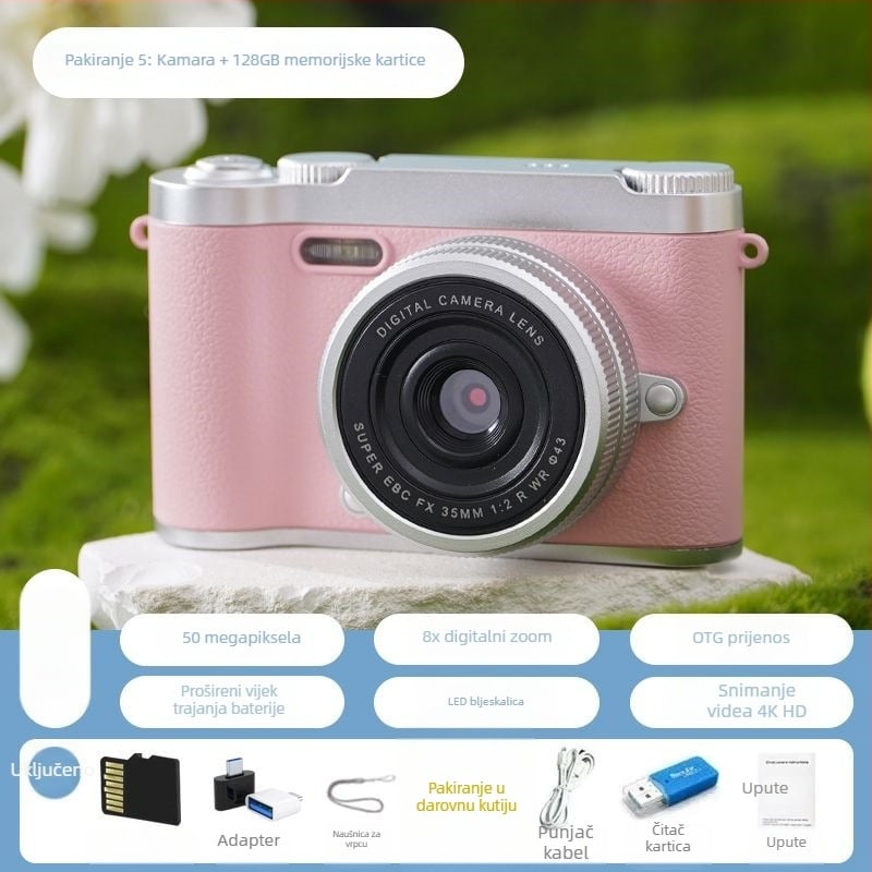 CCD digitalna kamera s prednjom i stražnjom dvostrukom lećom, početna razina, kampus retro dizajn, 40–50MP, 8x optični zum, 2,4 inča LCD, TF kartica, elektronička stabilizacija slike