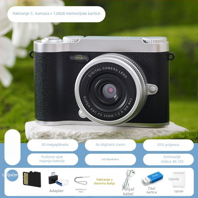 CCD digitalna kamera s prednjom i stražnjom dvostrukom lećom, početna razina, kampus retro dizajn, 40–50MP, 8x optični zum, 2,4 inča LCD, TF kartica, elektronička stabilizacija slike