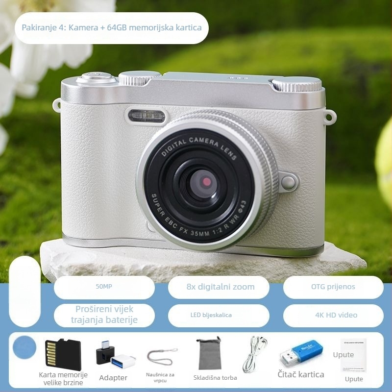 CCD digitalna kamera s prednjom i stražnjom dvostrukom lećom, početna razina, kampus retro dizajn, 40–50MP, 8x optični zum, 2,4 inča LCD, TF kartica, elektronička stabilizacija slike