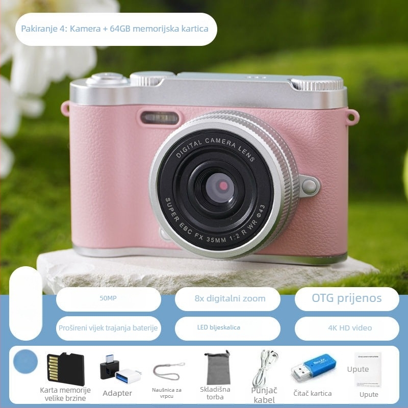 CCD digitalna kamera s prednjom i stražnjom dvostrukom lećom, početna razina, kampus retro dizajn, 40–50MP, 8x optični zum, 2,4 inča LCD, TF kartica, elektronička stabilizacija slike