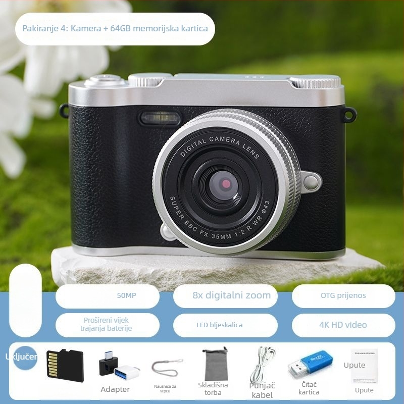 CCD digitalna kamera s prednjom i stražnjom dvostrukom lećom, početna razina, kampus retro dizajn, 40–50MP, 8x optični zum, 2,4 inča LCD, TF kartica, elektronička stabilizacija slike