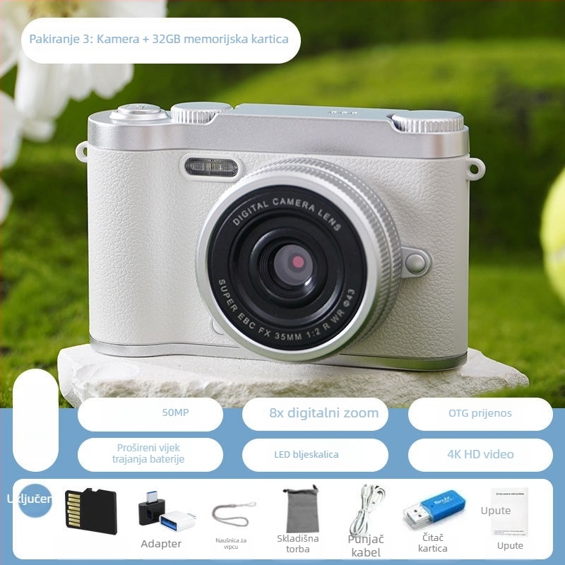 CCD digitalna kamera s prednjom i stražnjom dvostrukom lećom, početna razina, kampus retro dizajn, 40–50MP, 8x optični zum, 2,4 inča LCD, TF kartica, elektronička stabilizacija slike