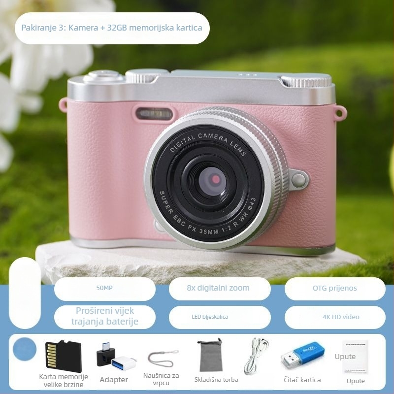 CCD digitalna kamera s prednjom i stražnjom dvostrukom lećom, početna razina, kampus retro dizajn, 40–50MP, 8x optični zum, 2,4 inča LCD, TF kartica, elektronička stabilizacija slike