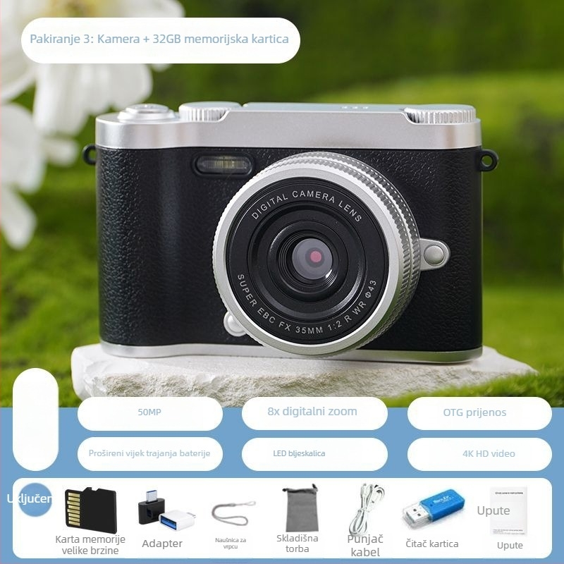 CCD digitalna kamera s prednjom i stražnjom dvostrukom lećom, početna razina, kampus retro dizajn, 40–50MP, 8x optični zum, 2,4 inča LCD, TF kartica, elektronička stabilizacija slike