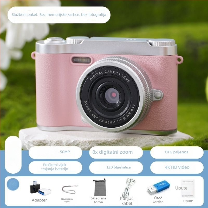 CCD digitalna kamera s prednjom i stražnjom dvostrukom lećom, početna razina, kampus retro dizajn, 40–50MP, 8x optični zum, 2,4 inča LCD, TF kartica, elektronička stabilizacija slike