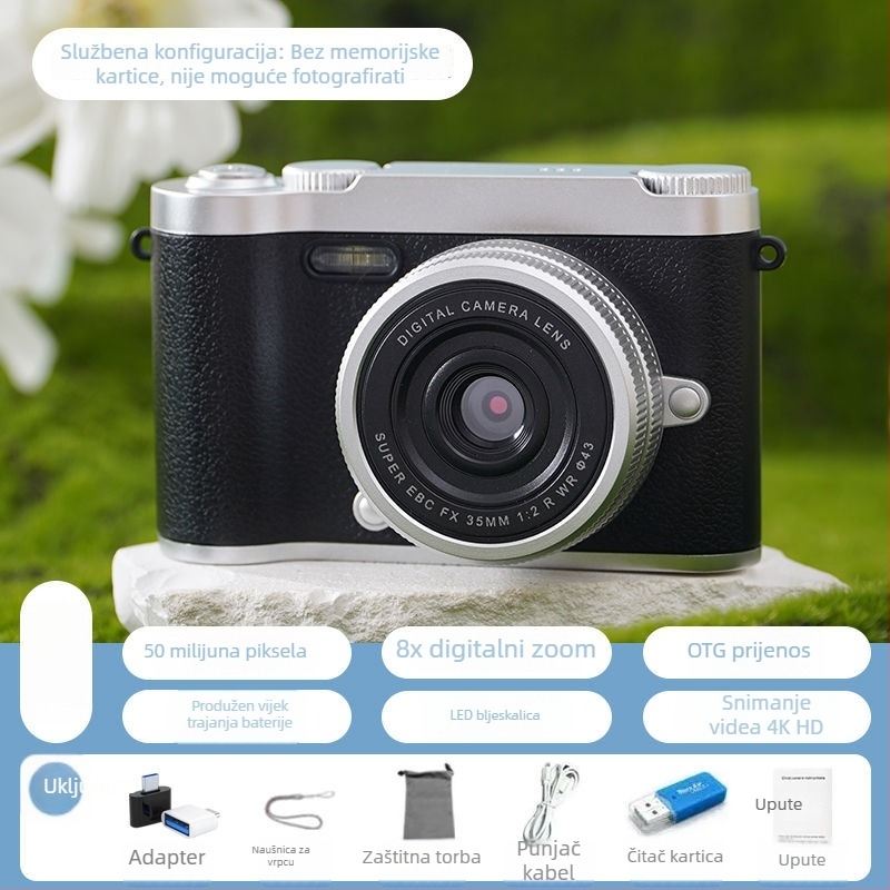 CCD digitalna kamera s prednjom i stražnjom dvostrukom lećom, početna razina, kampus retro dizajn, 40–50MP, 8x optični zum, 2,4 inča LCD, TF kartica, elektronička stabilizacija slike