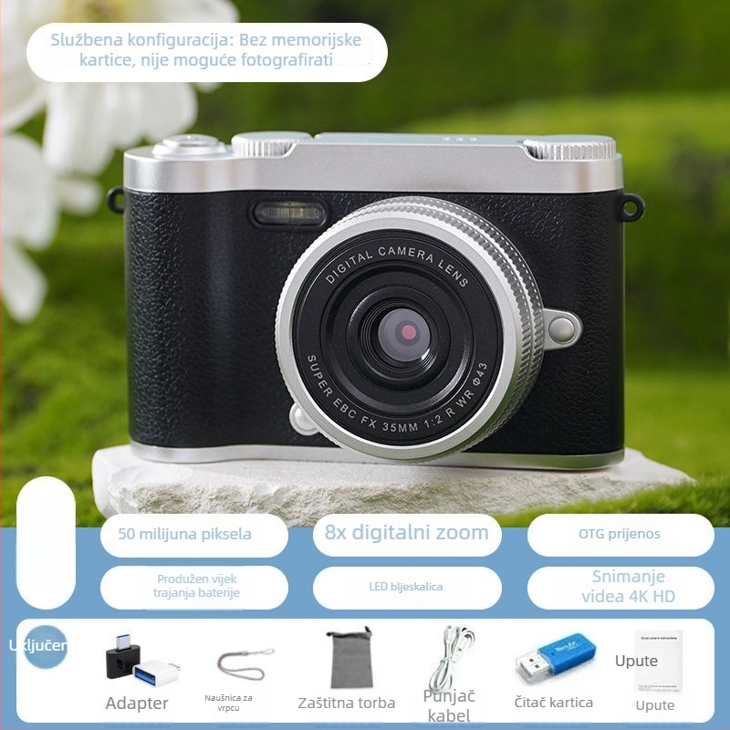 CCD digitalna kamera s prednjom i stražnjom dvostrukom lećom, početna razina, kampus retro dizajn, 40–50MP, 8x optični zum, 2,4 inča LCD, TF kartica, elektronička stabilizacija slike