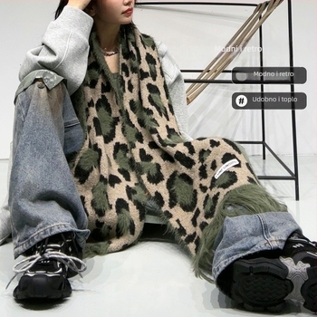 Leopard šal od vune s tasselima – warp pletenje, topao, jesen, retro