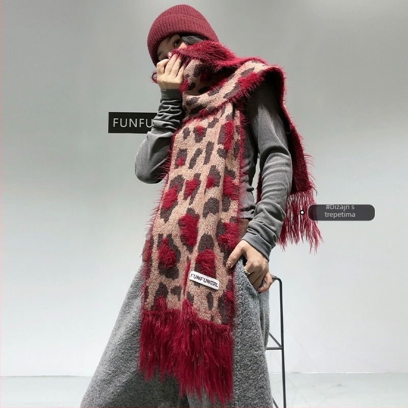 Leopard šal od vune s tasselima – warp pletenje, topao, jesen, retro