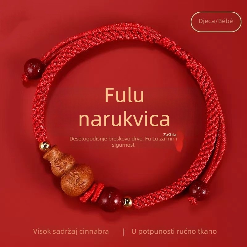 Narukvica od pletenog užeta s amuletom od drveta breskve, ručno tkana, etnički stil, proljeće 2025