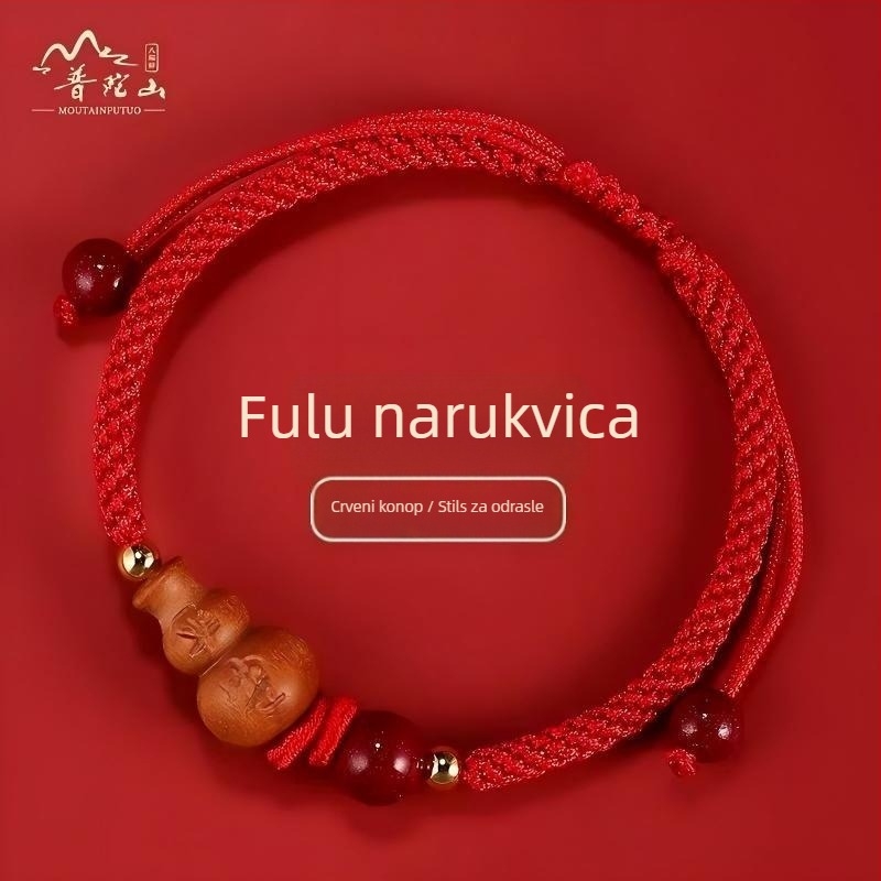 Narukvica od pletenog užeta s amuletom od drveta breskve, ručno tkana, etnički stil, proljeće 2025