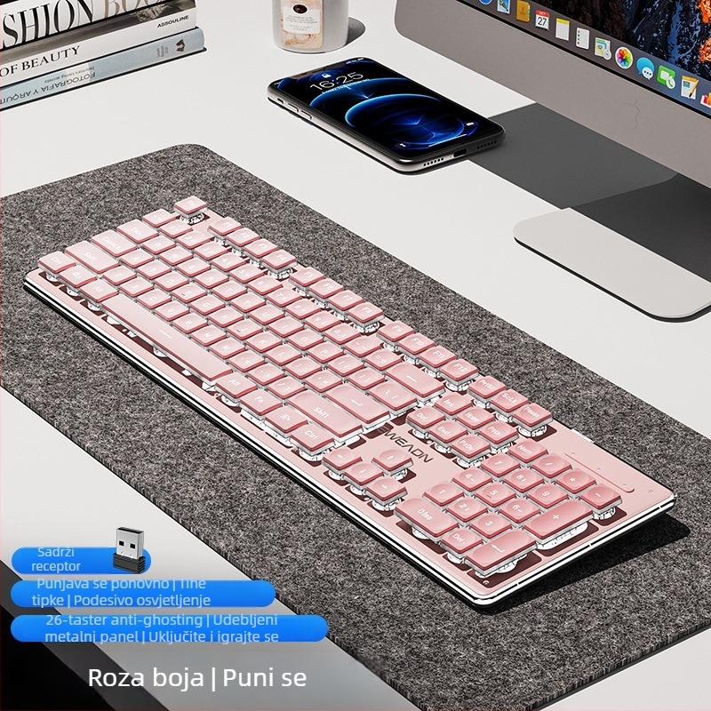 Bežični Bluetooth set tipkovnice i miša — tih, numerički keypad, 2.4G USB bežična veza, metalna konstrukcija, višebojno pozadinsko osvjetljenje