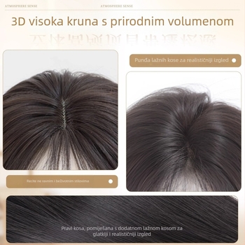 Ženska perika s nadogradnjom volumena na vrhu glave, prirodan nevidljiv pahuljasti vrh, potpuno prava kosa, frizura bez tragova (ravna ili nagnuta)