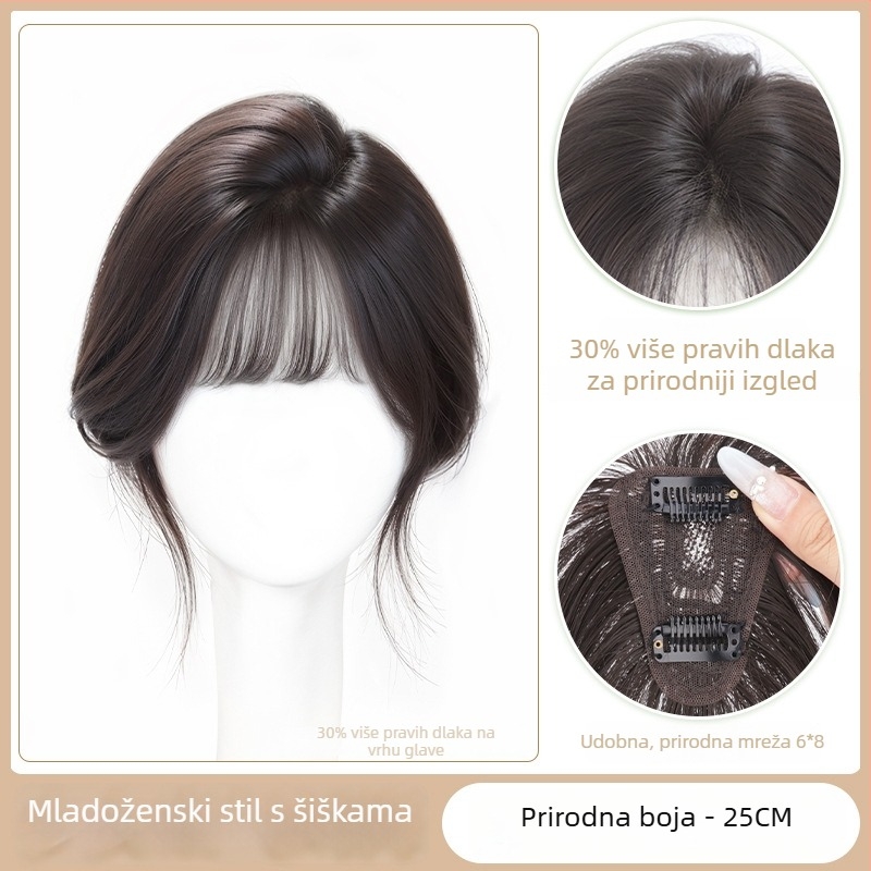 Ženska perika s nadogradnjom volumena na vrhu glave, prirodan nevidljiv pahuljasti vrh, potpuno prava kosa, frizura bez tragova (ravna ili nagnuta)