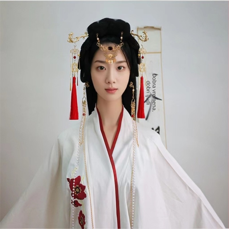 Hanfu set za kosu — antički stil, legura, cvjetni detalji, ručna izrada, dugi resi i U-pin za kosu