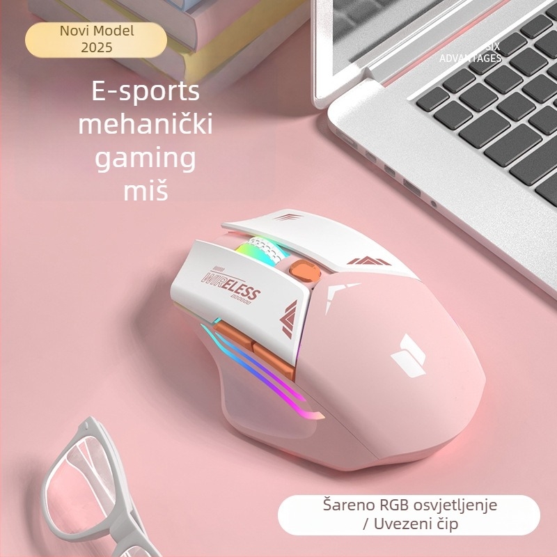 6-tipkovni mehanički gaming miš, optički senzor 1600 DPI, dvostruki način 2.4G/Bluetooth, tih i punjiv, ergonomski dizajn