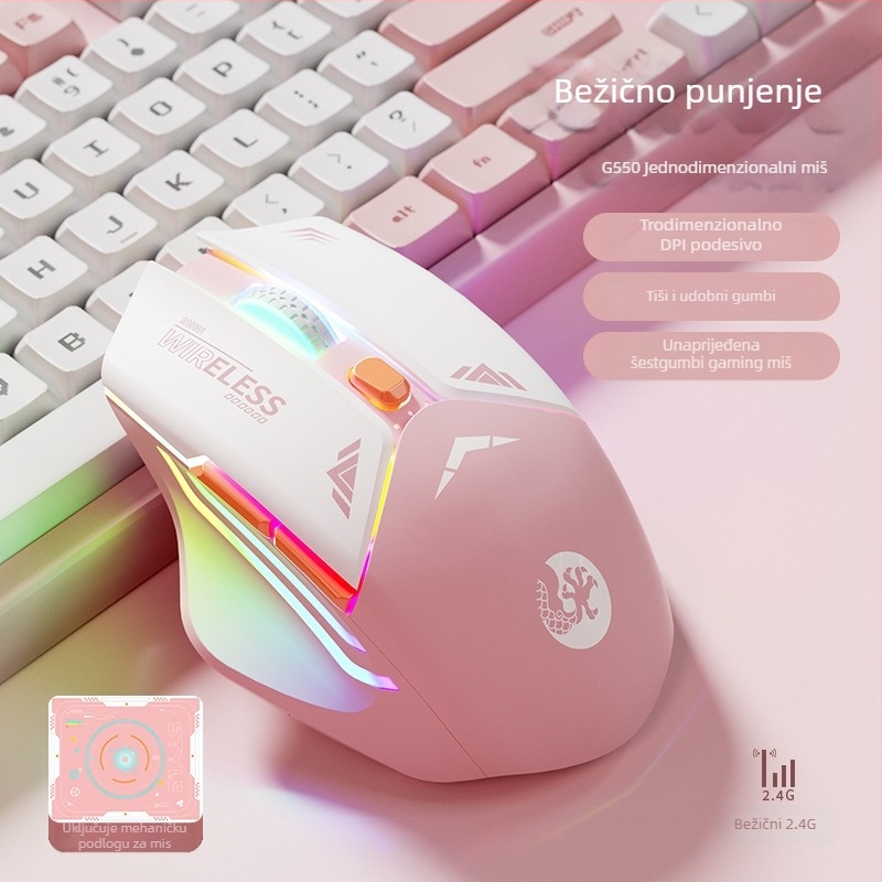 6-tipkovni mehanički gaming miš, optički senzor 1600 DPI, dvostruki način 2.4G/Bluetooth, tih i punjiv, ergonomski dizajn