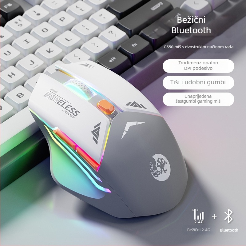 6-tipkovni mehanički gaming miš, optički senzor 1600 DPI, dvostruki način 2.4G/Bluetooth, tih i punjiv, ergonomski dizajn