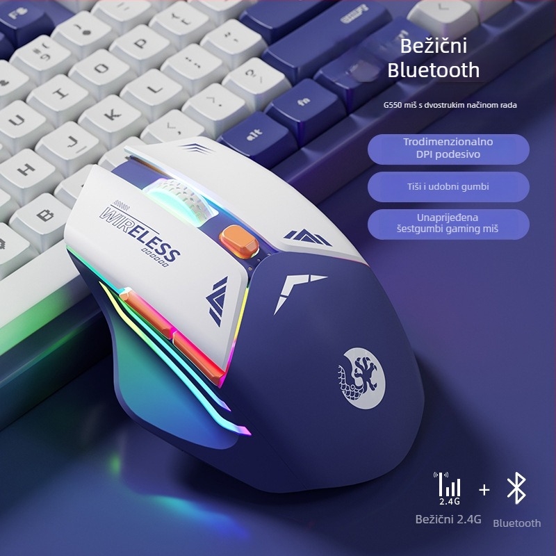 6-tipkovni mehanički gaming miš, optički senzor 1600 DPI, dvostruki način 2.4G/Bluetooth, tih i punjiv, ergonomski dizajn