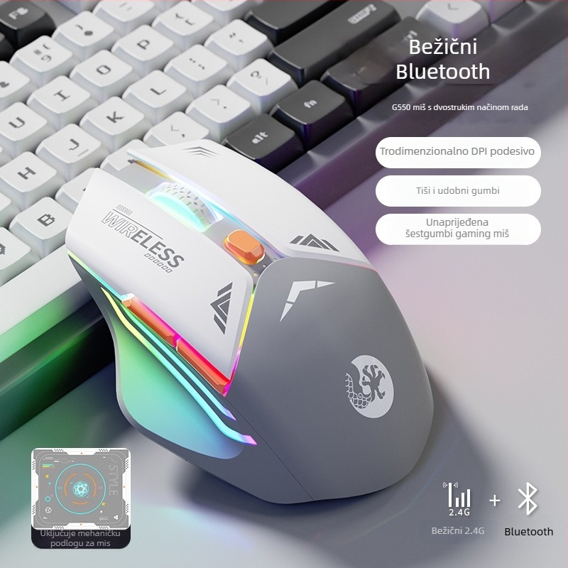 6-tipkovni mehanički gaming miš, optički senzor 1600 DPI, dvostruki način 2.4G/Bluetooth, tih i punjiv, ergonomski dizajn