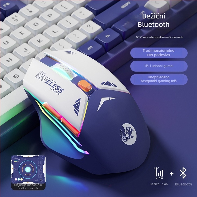 6-tipkovni mehanički gaming miš, optički senzor 1600 DPI, dvostruki način 2.4G/Bluetooth, tih i punjiv, ergonomski dizajn
