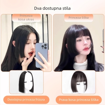 Perika s bangs u stilu princeze, za žene, prirodna linija čela i gornji dio za zamjenu kose, srednji razdjeljak, vlakna otporna na toplinu, lagano za nošenje
