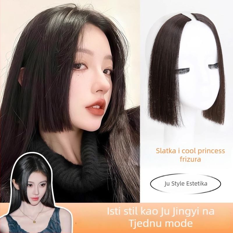 Perika s bangs u stilu princeze, za žene, prirodna linija čela i gornji dio za zamjenu kose, srednji razdjeljak, vlakna otporna na toplinu, lagano za nošenje