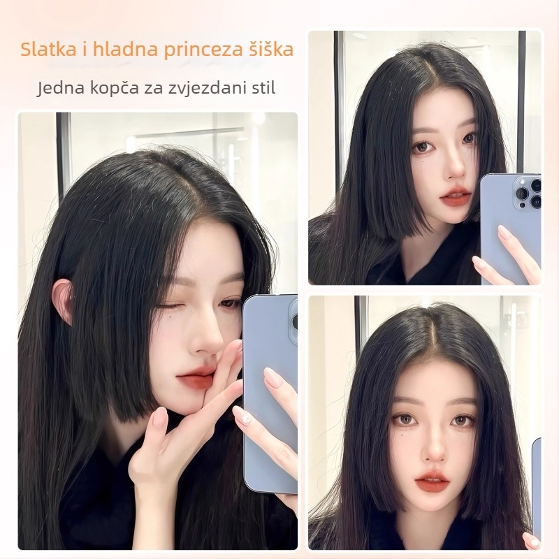 Perika s bangs u stilu princeze, za žene, prirodna linija čela i gornji dio za zamjenu kose, srednji razdjeljak, vlakna otporna na toplinu, lagano za nošenje