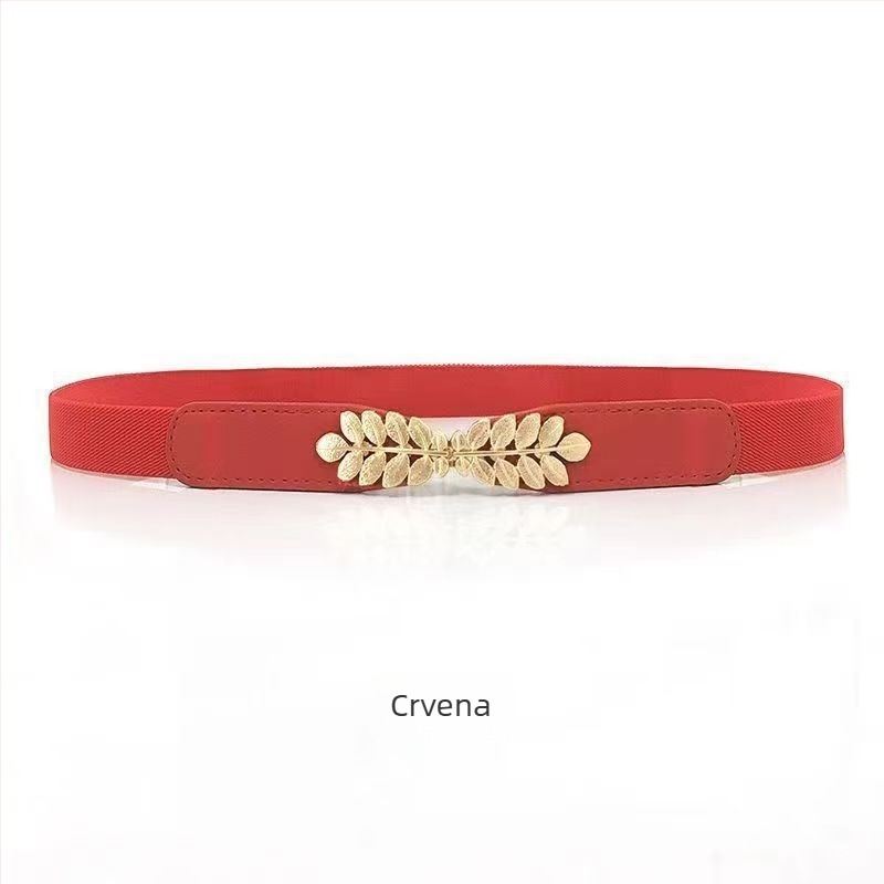 Pojas za haljinu s kopčom u obliku lista, elastični struk, PU koža, materijal kopče: legura, zatvaranje kopčom, širina 2–4 cm, obrada: koža-plastik