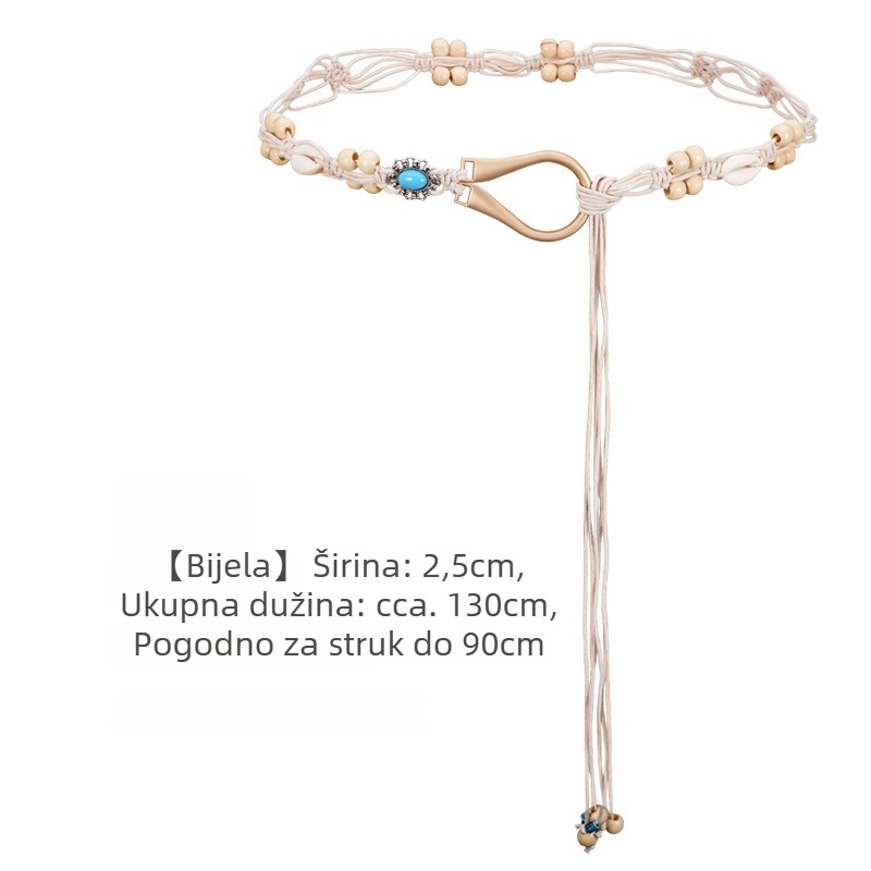 Pleteni boemski pojas za struk - pamuk i lan, kopča od legure, kopča s iglom, širina 2-4 cm
